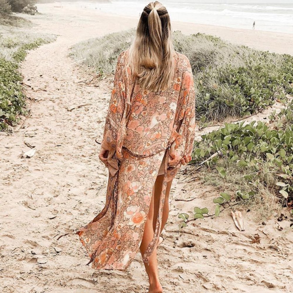 New Boho Floral Kimono Blue Maxi Duster Cardigan - Picture 6 of 11